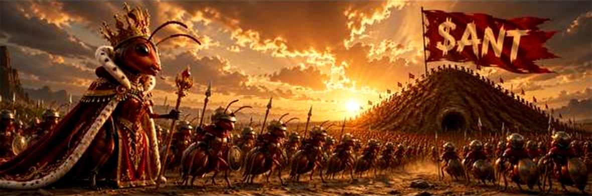 The crowned queen ant leading her armoured army across the sand toward the anthill, a red $ANT banner flying above it at sunset