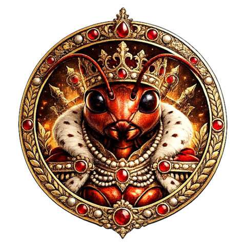 The $ANT queen, crowned and wearing an ermine cape and pearls, set in a gold medallion studded with rubies